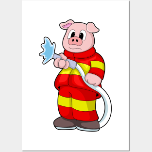 Pig as Firefighter with Hose Posters and Art